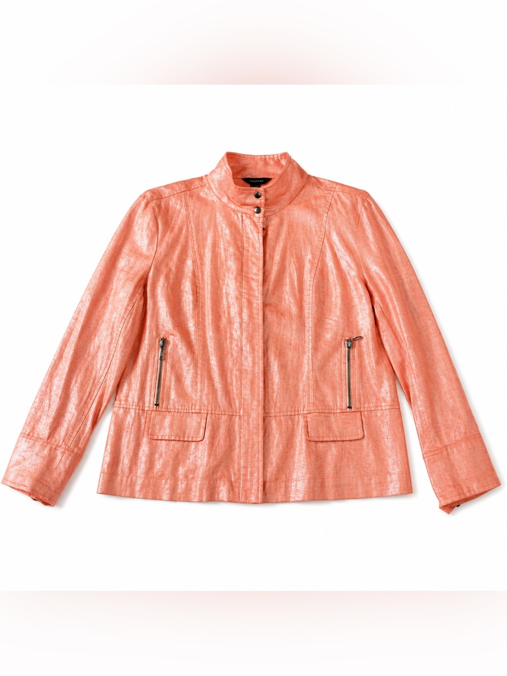 Multiples Metallic Linen Blend Jacket L Peach Shimmer Zip Utility Stand Collar